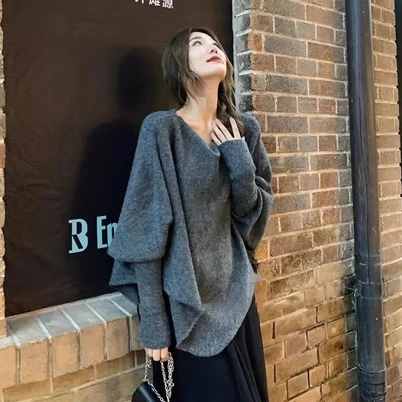 Maglione con scollo a V stile pigro 2025 - Pullover lavorato a maglia con maniche a pipistrello, top dal design asimmetrico invernale, camicetta casual oversize Y2K, goccia