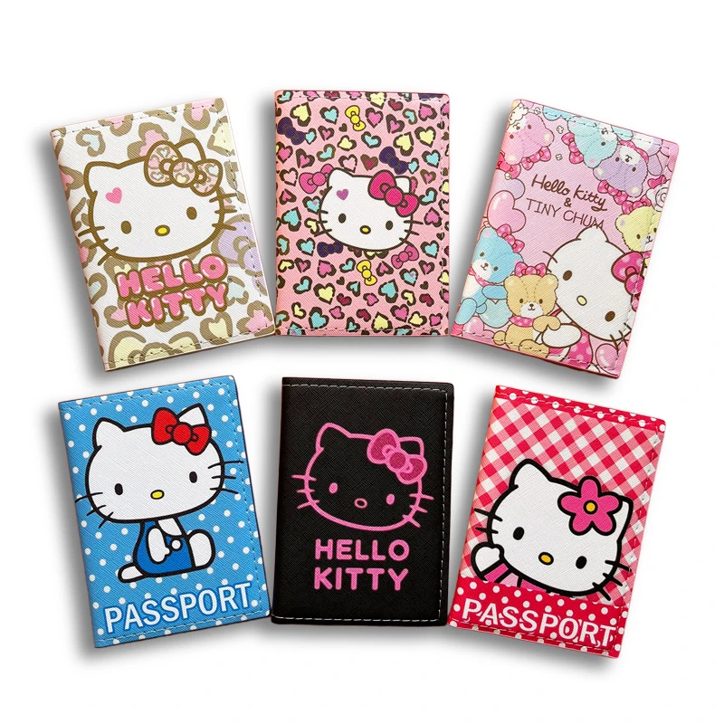 Lovely Hello Kitty Passport Cover Credit Card Holder Women Sanrio PU Leather Business Card Bag Ladies Passport Holder Gift