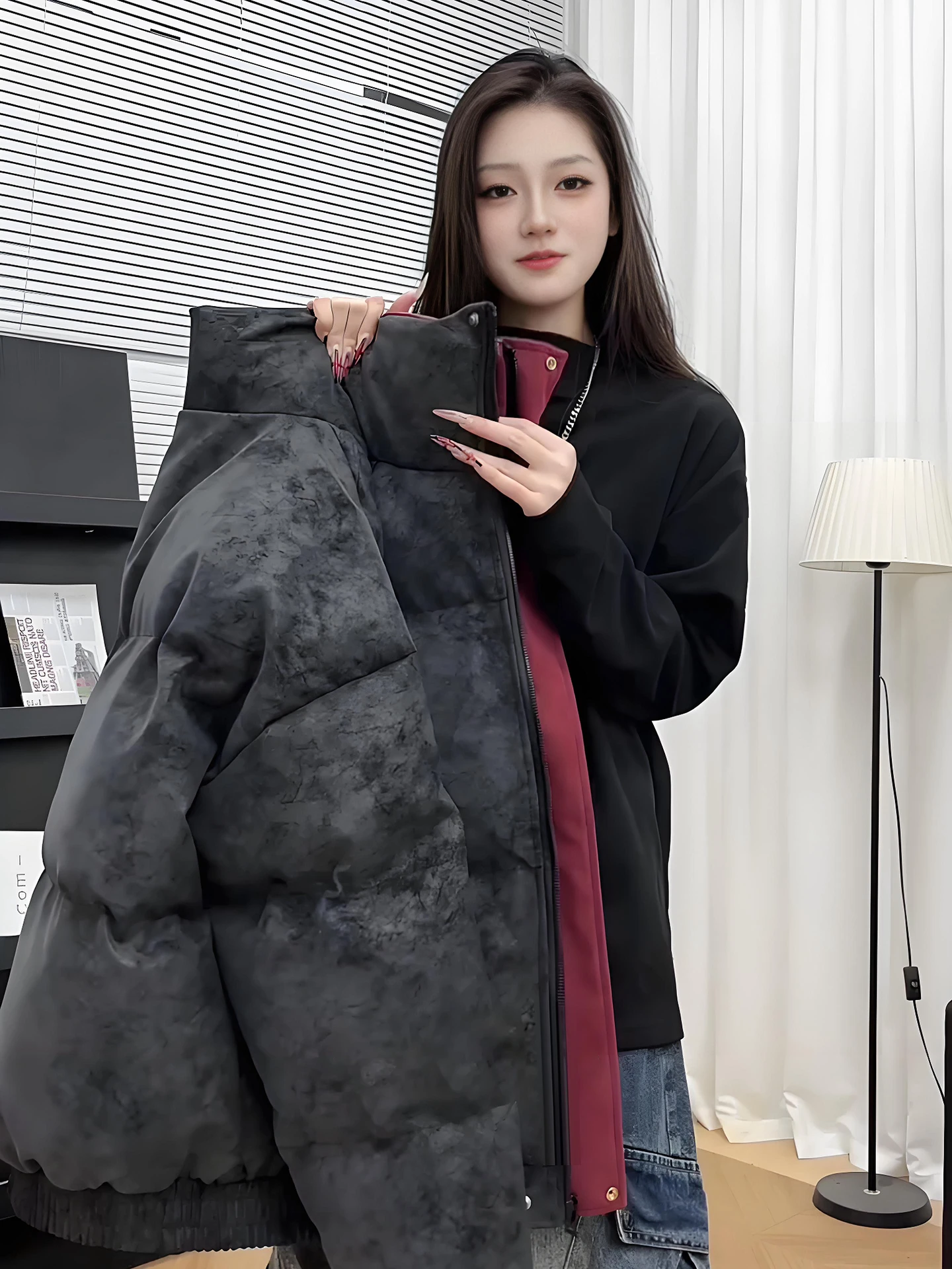 

Bla Red Inner Dyed PU Leather ort Jaet Men's Winter American Retro Workwear Coat down Cotton Bread Sle Stand Collar