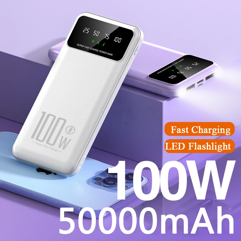 초고속 충전 휴대용 외장 배터리 충전기, 아이폰 14, 13, 삼성, 화웨이, 샤오미, 50000mAh 보조배터리, 100W