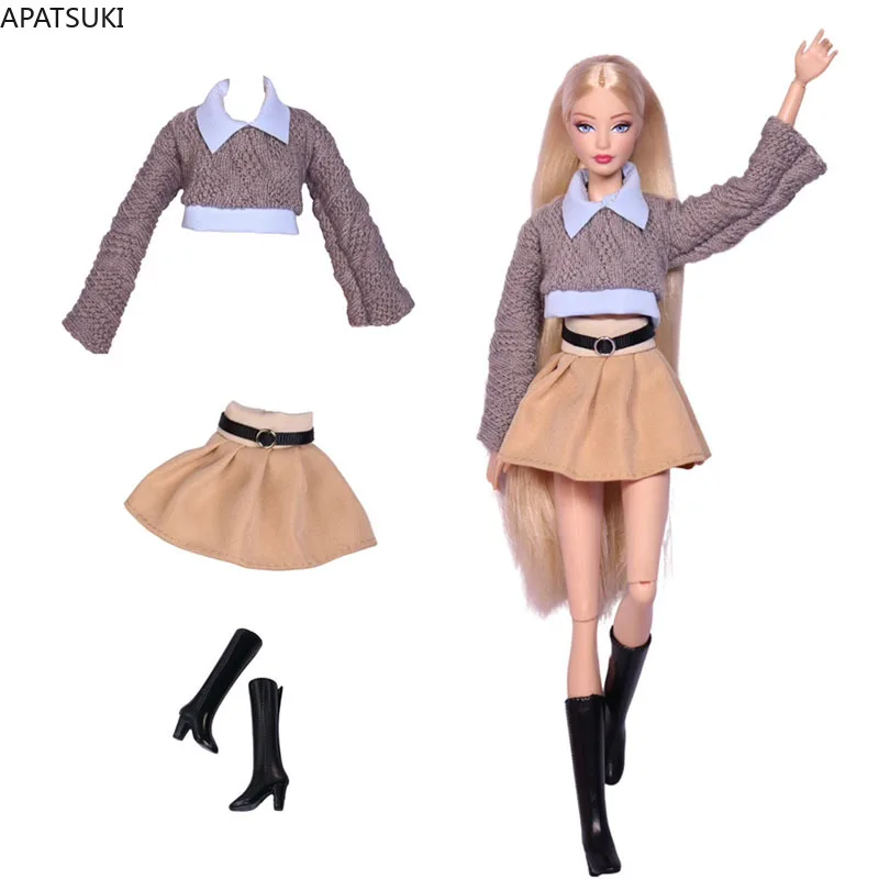 Conjunto de ropa de moda para muñeca Barbie, suéter, Top corto, falda caqui, botas, zapatos, accesorios para muñecas 1/6, juguetes para niños 1:6