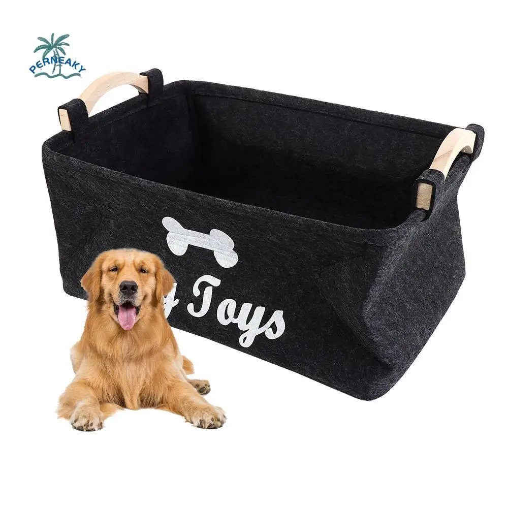 

Felt Dog Toy Storage Basket Cartoon Pattern with Handle Pet Toy Bin Box Black Foldable Pet Toy Organizer Clothing