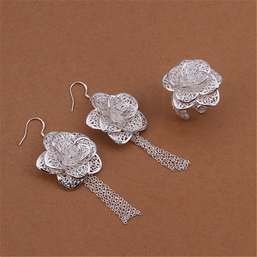 

New 925 Sterling Silver Jewelry set for women Beautiful flower earrings rings Fashion Party wedding lady Christmas Gifts