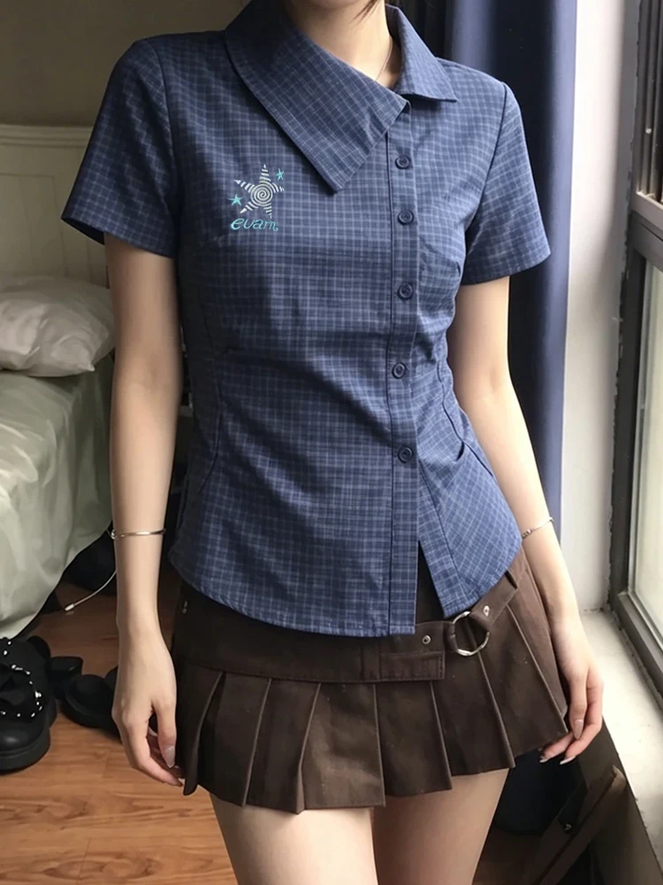 Genayooa Japanisches Y2k-Karohemd für Damen, kurzärmelig, unregelmäßige Stickerei, Hemd und Bluse im koreanischen Stil, Vintage-Oberteile im Stil der 2000er Jahre – Detail 7