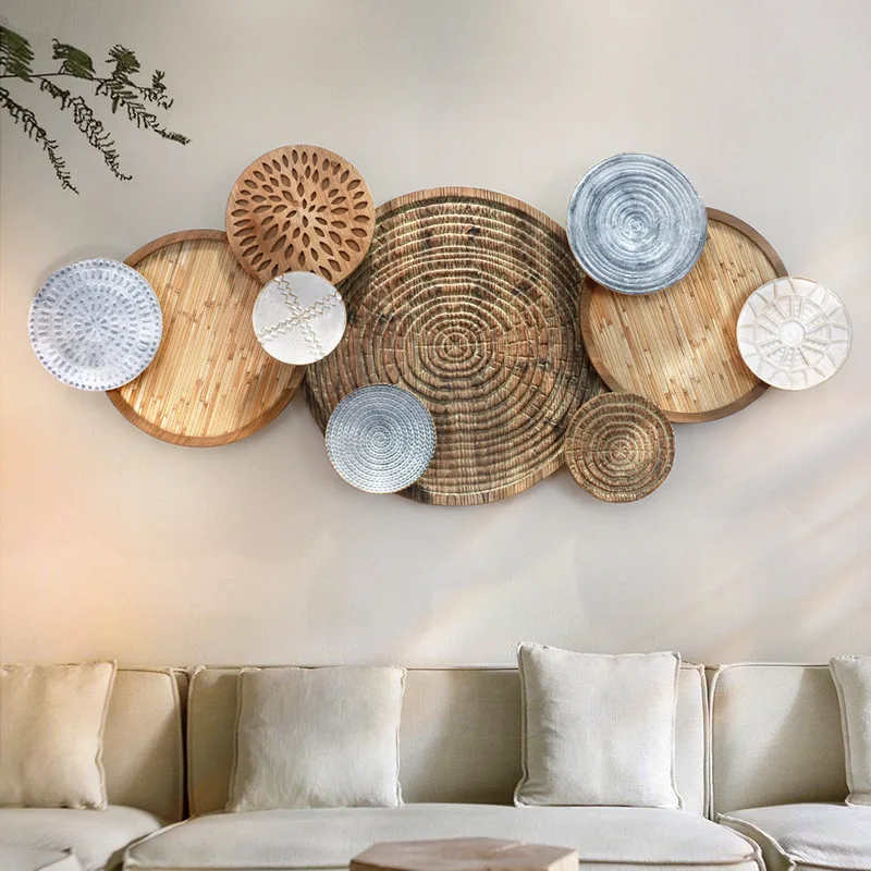 

Japanese wabi-sabi style living room sofa background wall decoration restaurant wall hanging Moroccan B&B log soft decoration