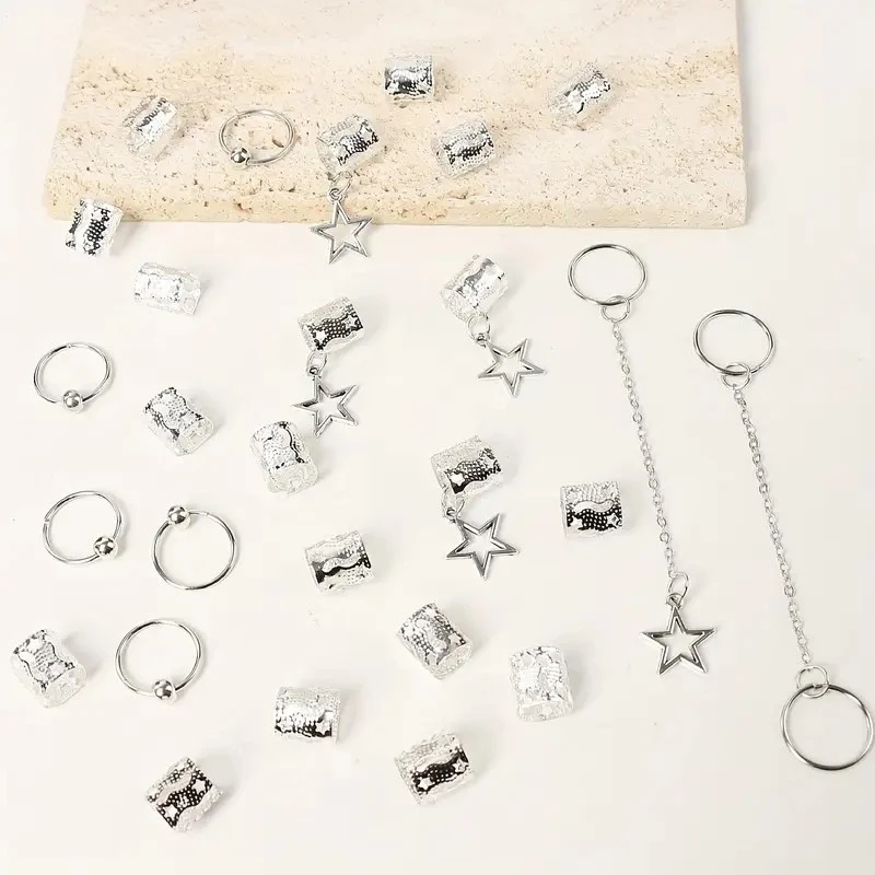 32pcs Hollow Star Hair Ring Pendant Versatile Fashion Set, Personalized Dreadlocks Jewelry Wig Accessories Combination