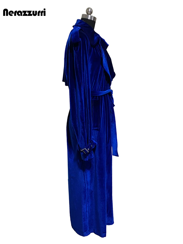Nerazzurri Spring Autumn Extra Long Blue Soft Flowy Velvet Trench Coat for Women Shoulder Pads Loose Luxury Maxi Overcoat 2026