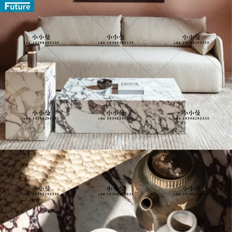 Jazz White Rectangular Coffee Table Natural Marble Stone Integrated Cut Modern Living Room Furniture