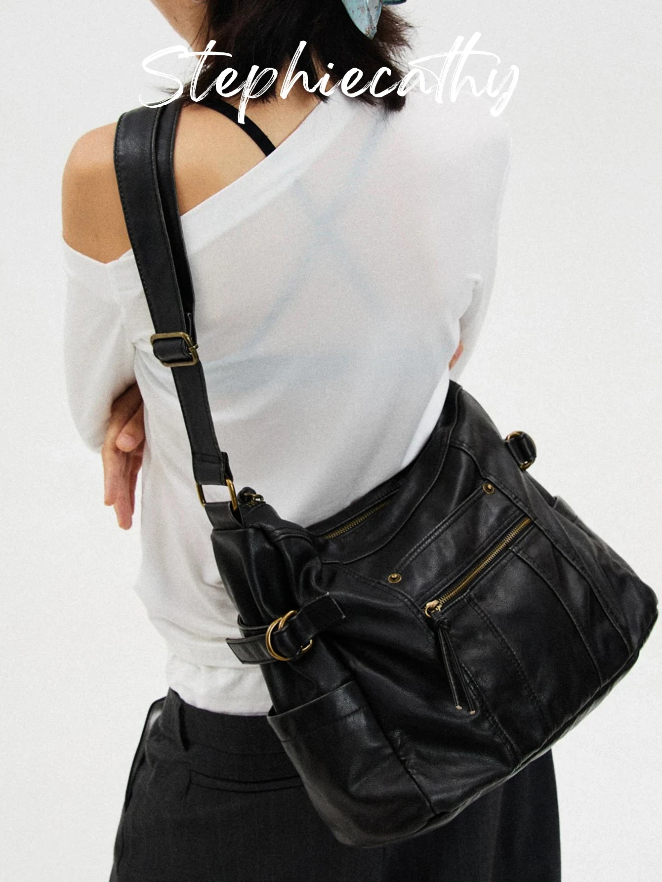 

Women Vintage Slouchy Washed PU Leather Shoulder Bag Multi Pockets Cross body Handbag Large Capacity Causal Hobo Commute Daily