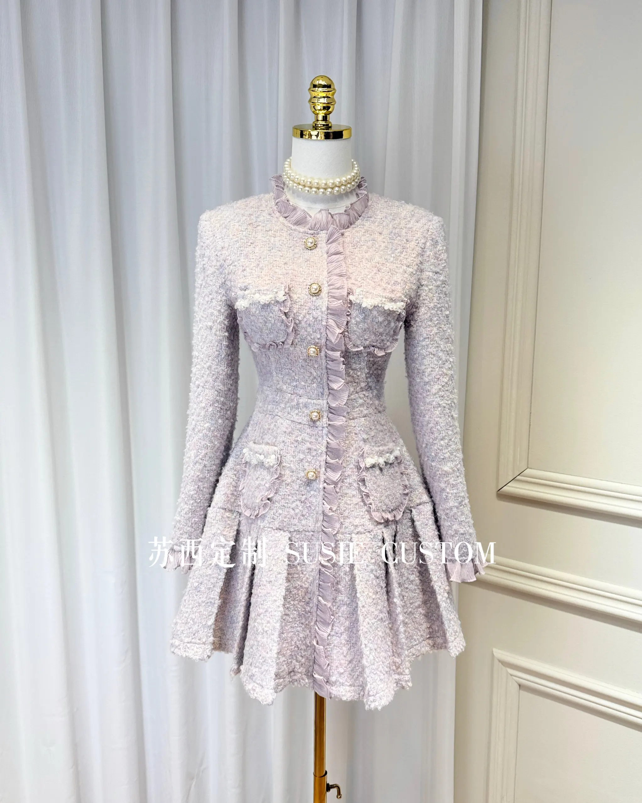 

Women's French Tweed Princess Mini Dress Ruffle Neckline Pearl Buttons Padded Shoulder High Waist Pleated A-Line Party Dress