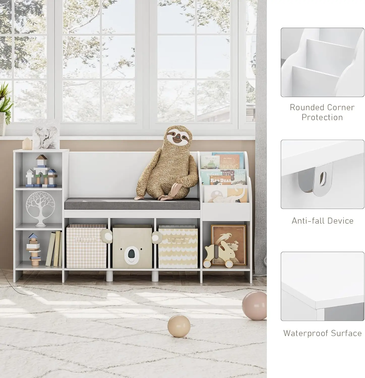 رف كتب للأطفال مقاس 55 بوصة مع زاوية قراءة ووسادة مقعد ومكعبات تخزين، رف قابل للتعديل، أبيض