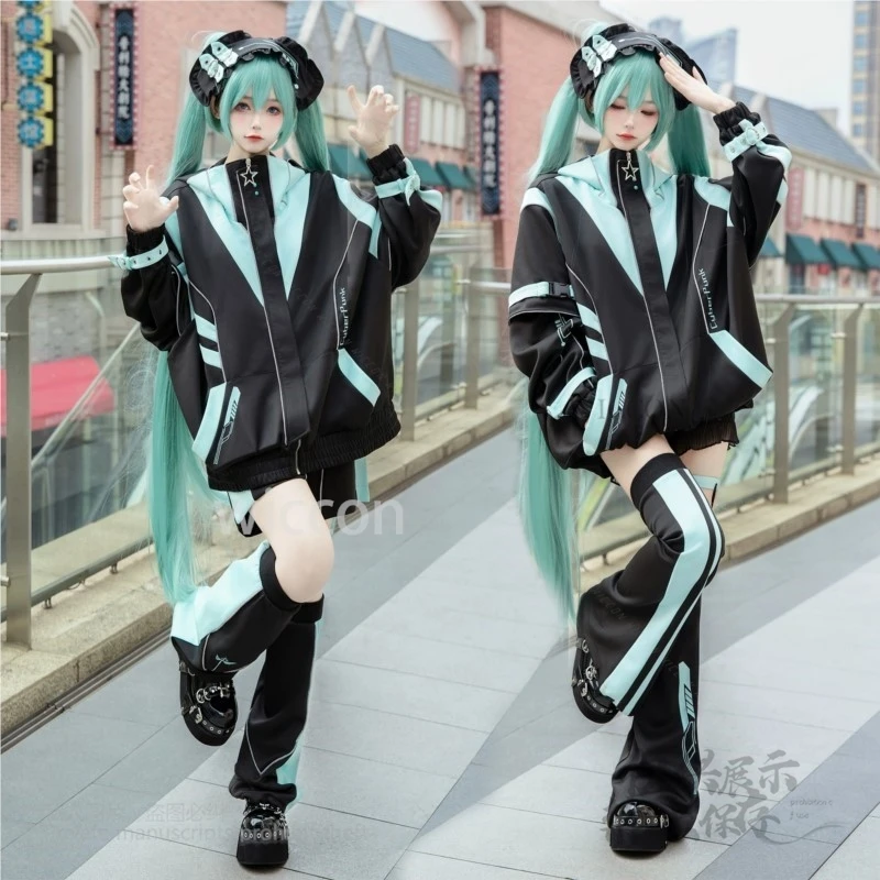 Miku Cosplay styl japoński kopalnia odzież sportowa garnitur kobiety czarny zielony kolor kurtka szorty zestaw nakryć na nogi stroje na Halloween Cos