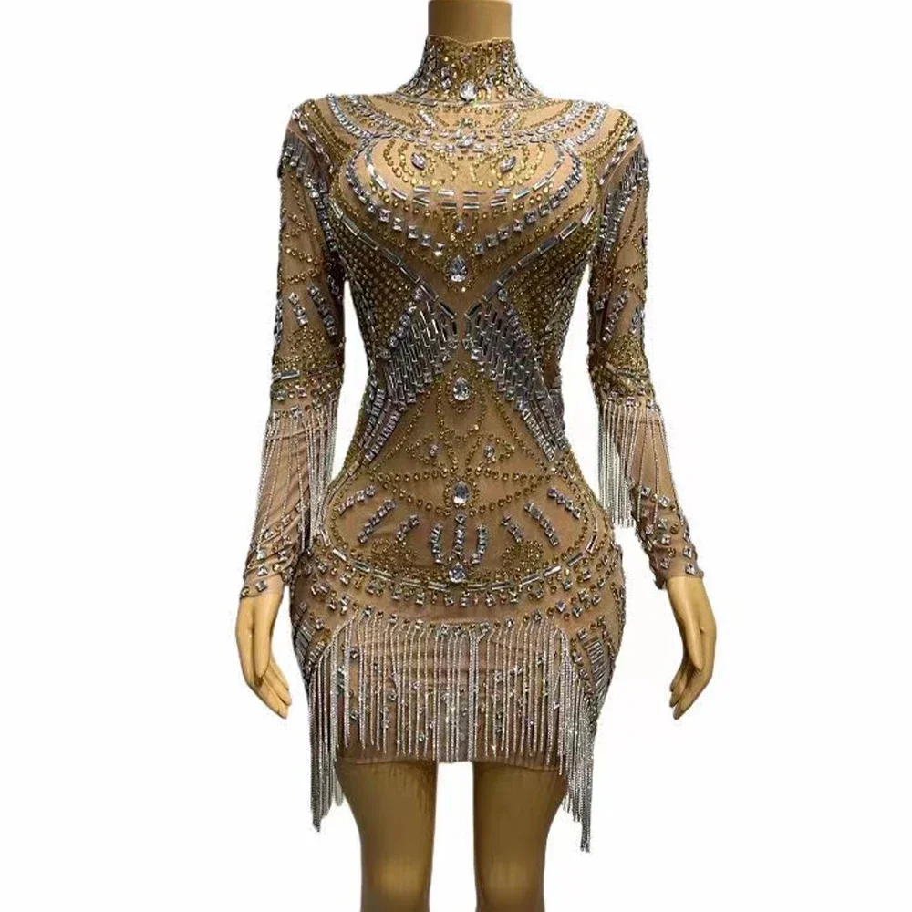 

Birthday Celebrate Prom Party Photo Shoot Dress Sexy Stage Sparkly Silver Gold Rhinestones Crystals Fringes Transparent Dress