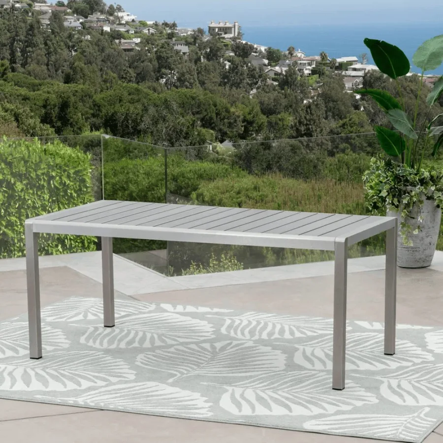 

Coral Outdoor Aluminum Dining Table with Faux Wood Top Gray Finish Grey