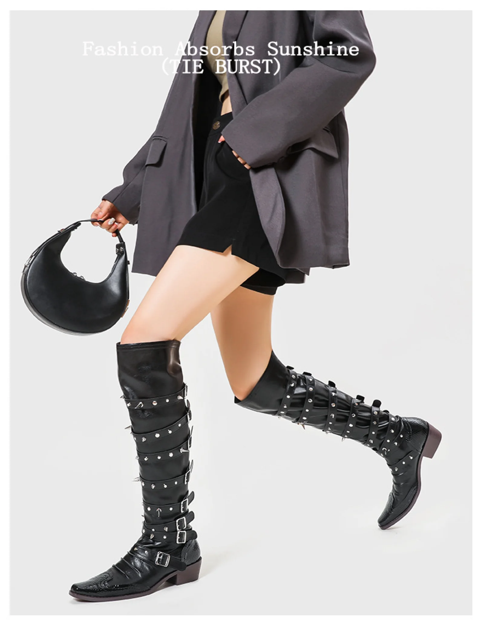 Bottes de Cowboy Punk gothiques à bout pointu pour moto, bottes à rivets avec boucle de ceinture noire, bottes de Combat Badass pour femmes