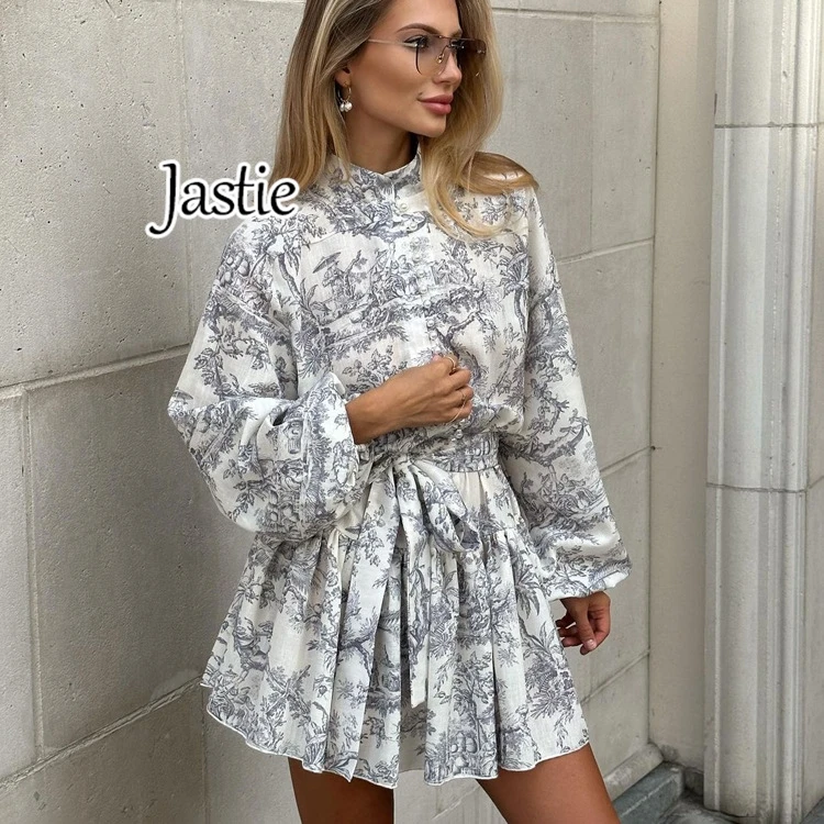 

Jastie 2024 Early Spring New Chinese Style Ink Print Short Dresses For Women Puff Sleeves Stand Collar Tie Retro A-line Dress