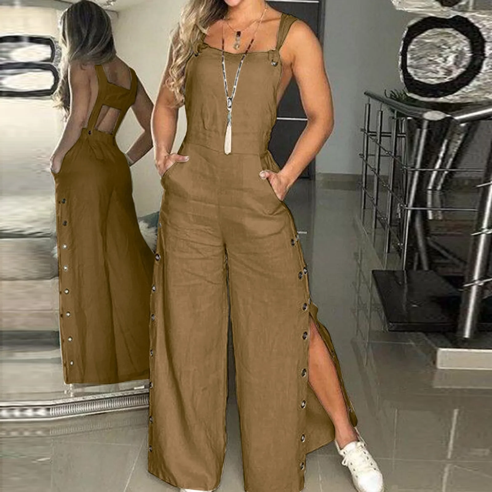 

Summer Fashion Womens Sleeveless Jumpsuit Rompers Ladies Solid Wide Leg Button Openings Long Trousers Suspenders Overalls Pocket