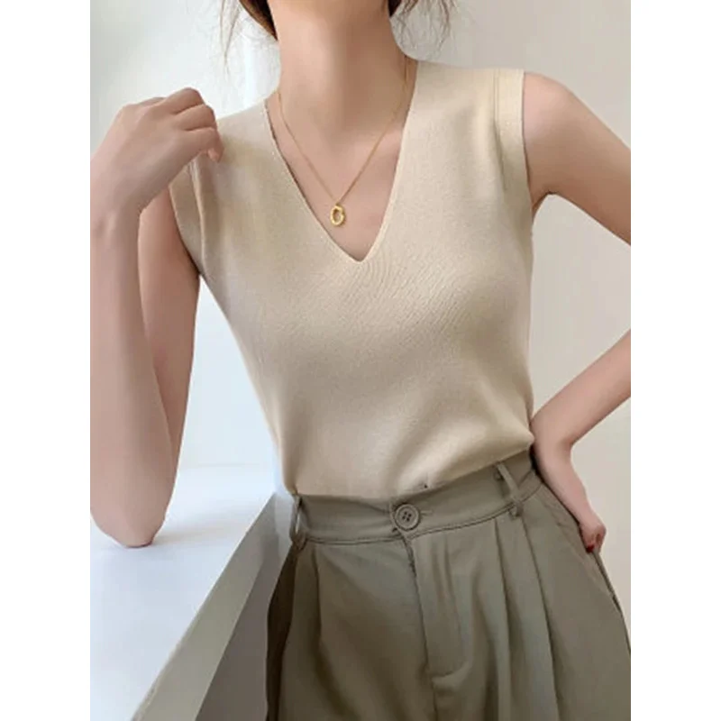 2024 Summer women knitted tops women thin basic casual tank tops V-neck tees sleepveless top for woman