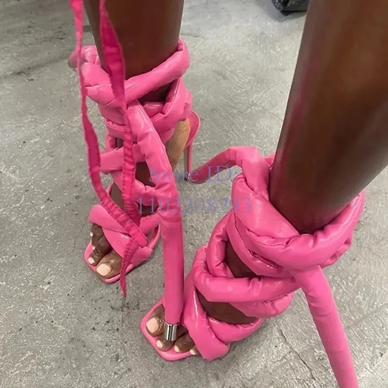 

Solid Cross Strap Thin High Heeled Sandals Square Toe Ankle Strap Stiletto Sandals 2024 New Arrival Women Lace-up Rome Shoes