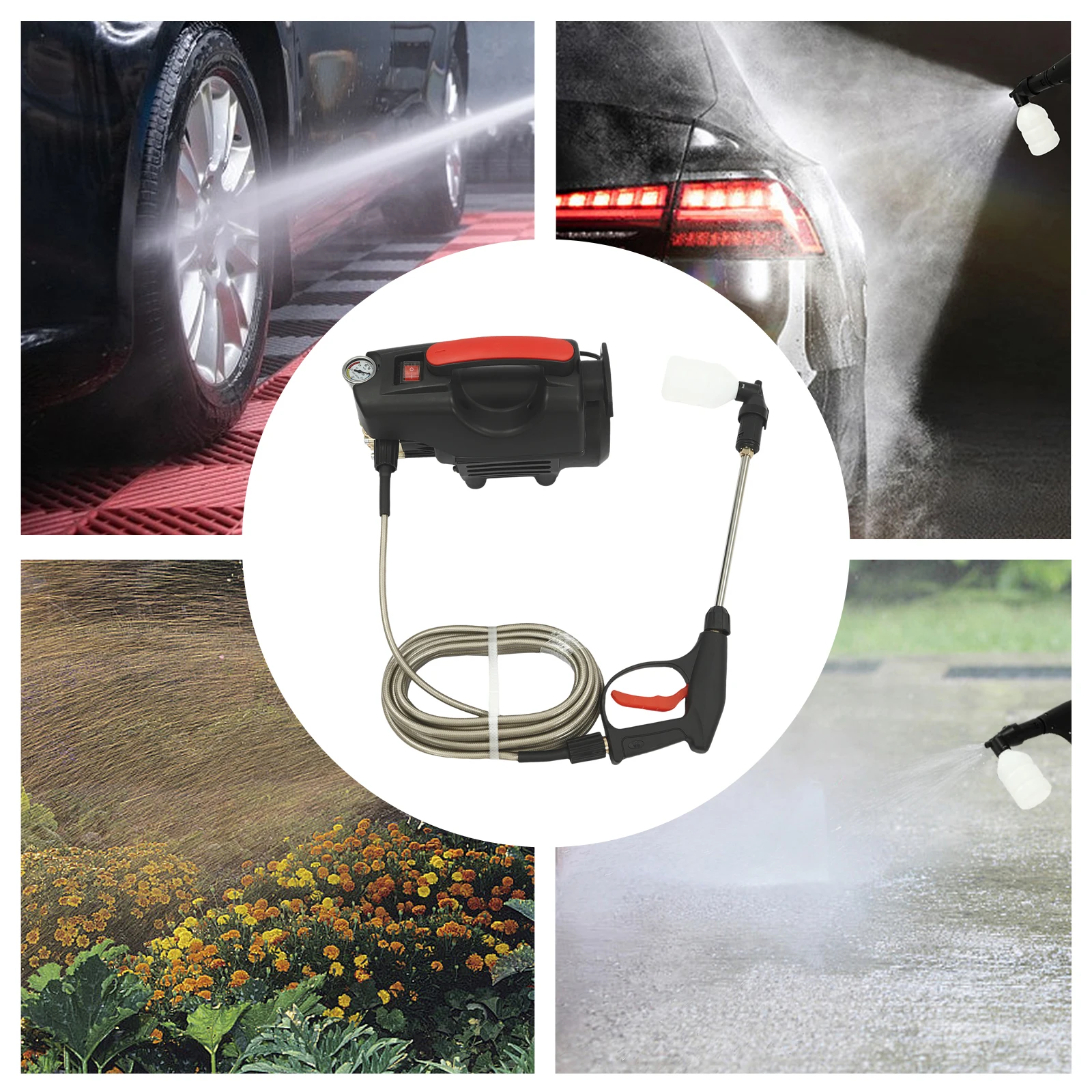 High Pressure Washer (Long Gun + 10m Hose + Copper Inlet/Outlet Fittings) - Portable Car Cleaning Machine for Home Use