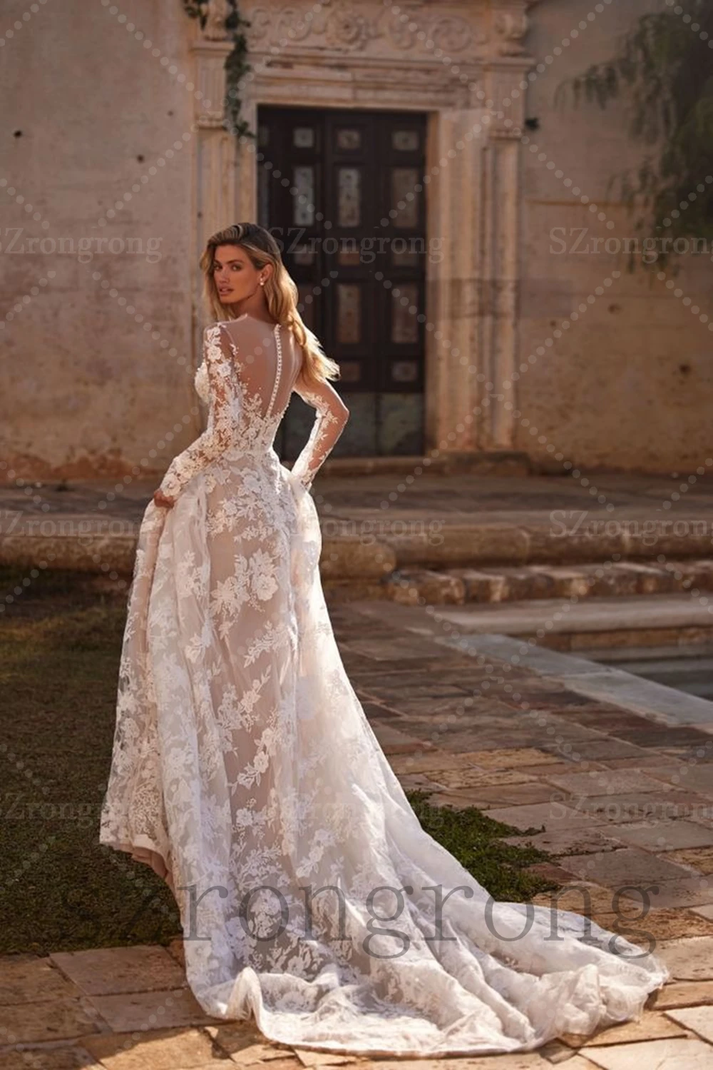 

Custom Made Bohemaid Lace Illusion Neck Long Sleeve Wedding Dress Elegant A-line Floor Length Beach Bridal Dress with Court