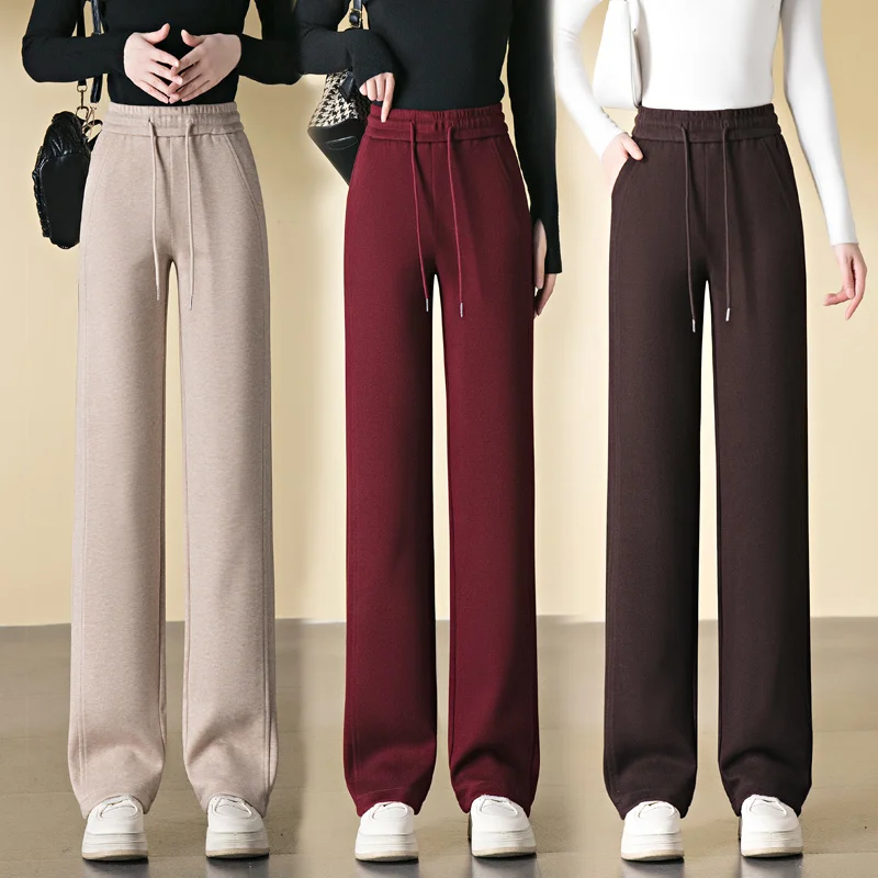 

2025 Autumn Women Trousers New Solid Elastic High Waist Casual Straight Pants Ladies Loose Wide-leg Pants Winter Warm Long Pants