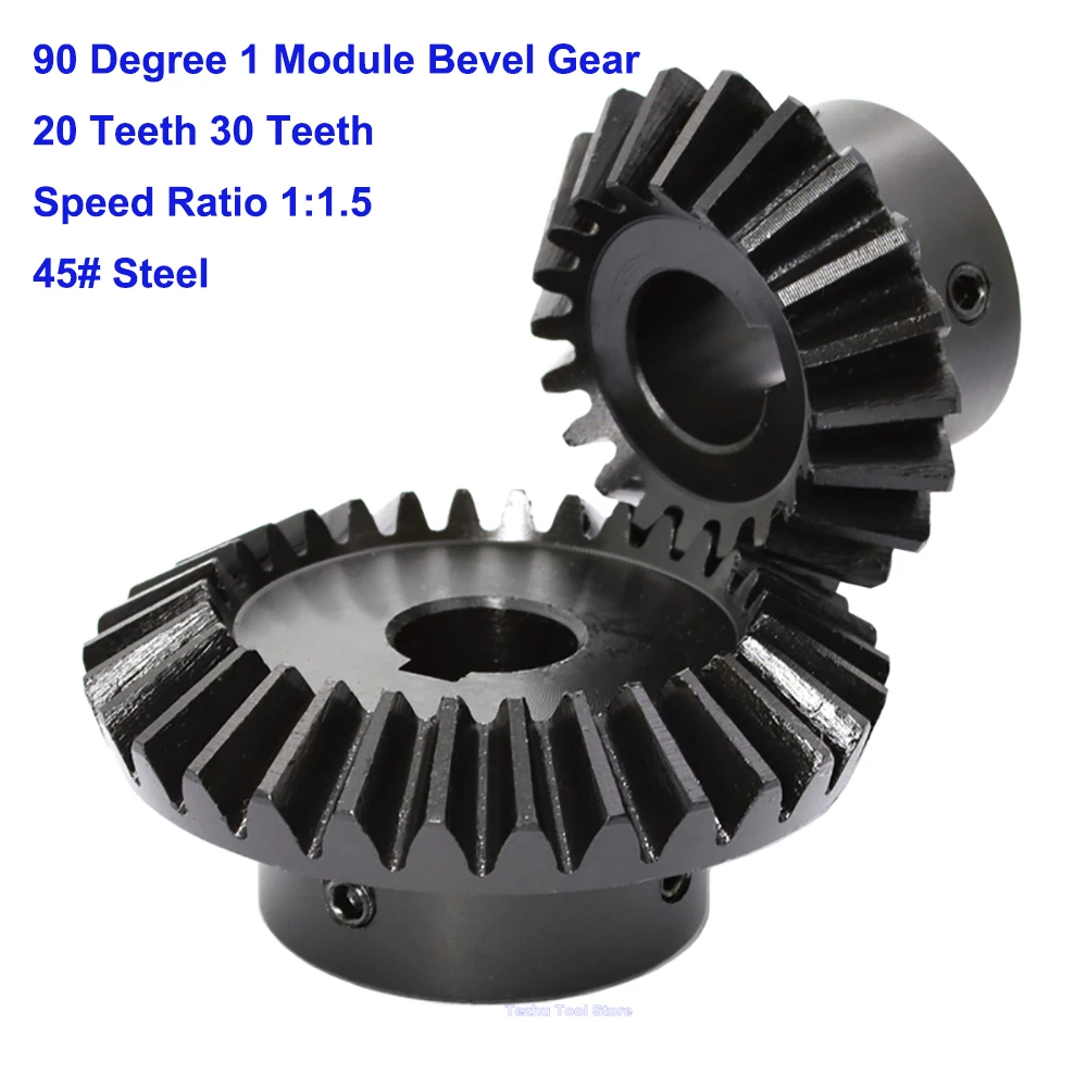 1PCS 90 Degree 45# Steel 1 Module Bevel Gear 20 Teeth 30 Teeth Meshing Angle Gear Bore 6/8/10/12mm Speed Ratio 1:1.5