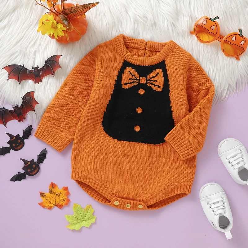 Baby Sweater Romper Long Sleeve Round Neck Bowtie Print Knit Bodysuit Infant Winter Outfit