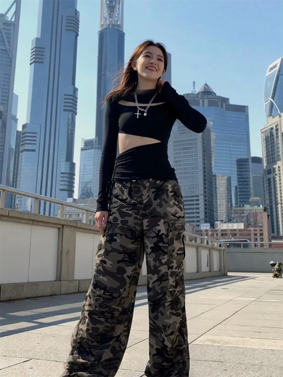 Camouflagebroek Dames Cargobroek Visnetpaneel Dames Doorschijnend detail Fashion Statement Edgy Rock Punk Gothic