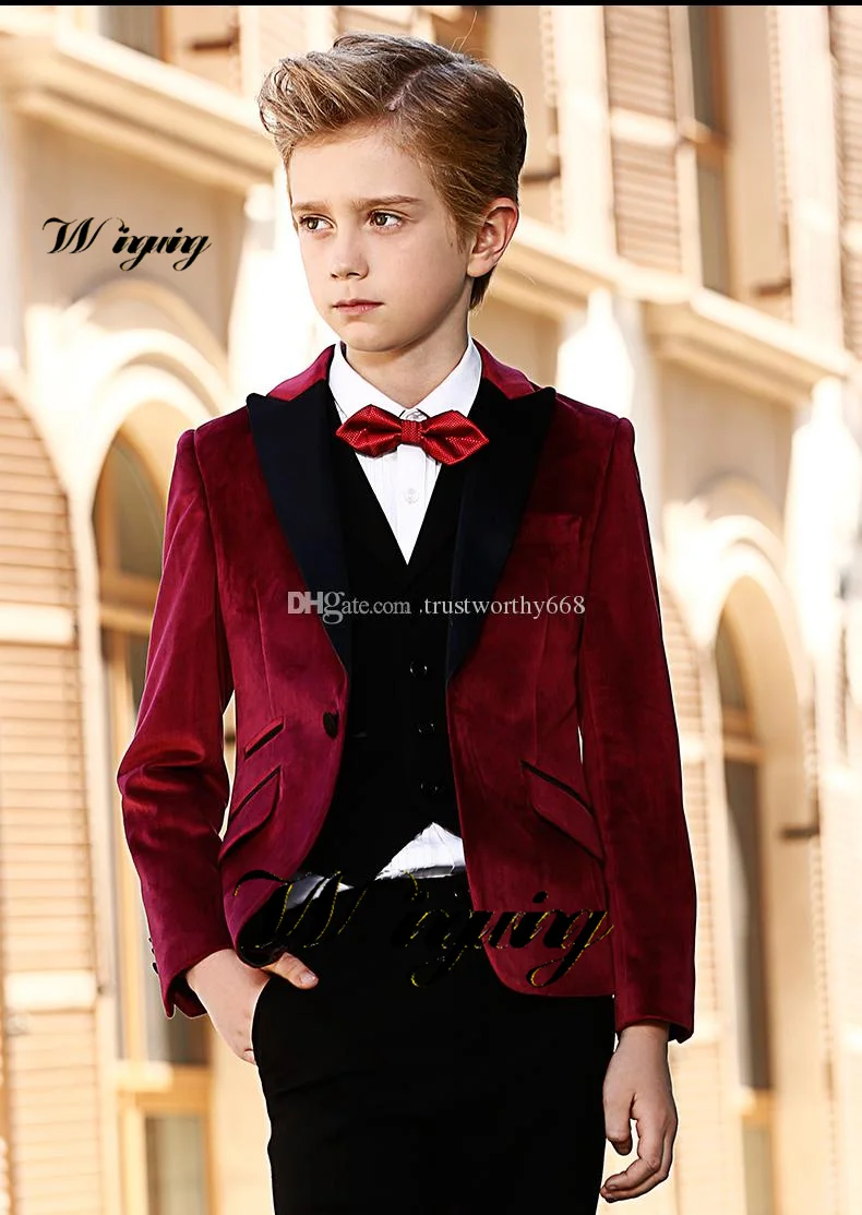 Velvet Boys Suit Three Piece Jacket Vest Pants Bow Tie Wedding Kids Tuxedo High Quality Blazer for Boys