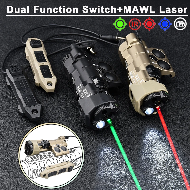 

Airsoft MAWL C1 Metal Laser with Dual Function Button IR Aiming Red Green Blue Sight LED White Light Mlok Keymod Pressure Switch