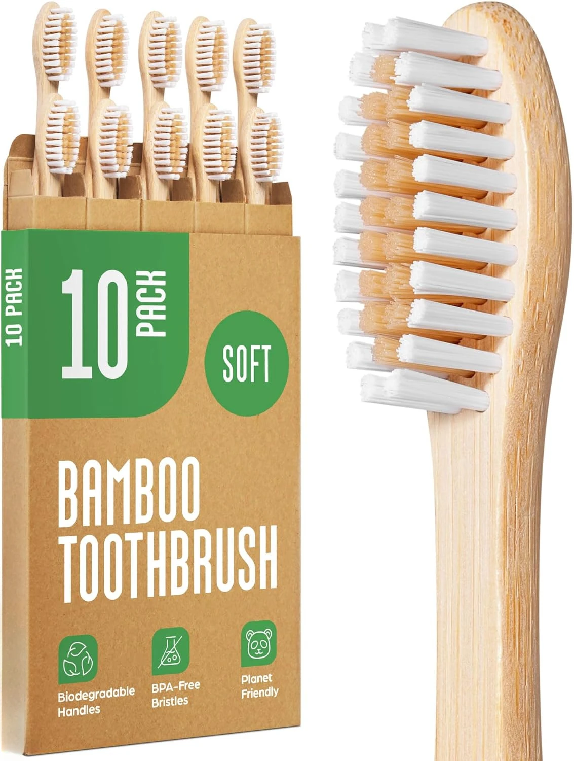 Biodegradable bamboo toothbrush 10 packs, environmentally friendly, compostable natural wooden toothbrush