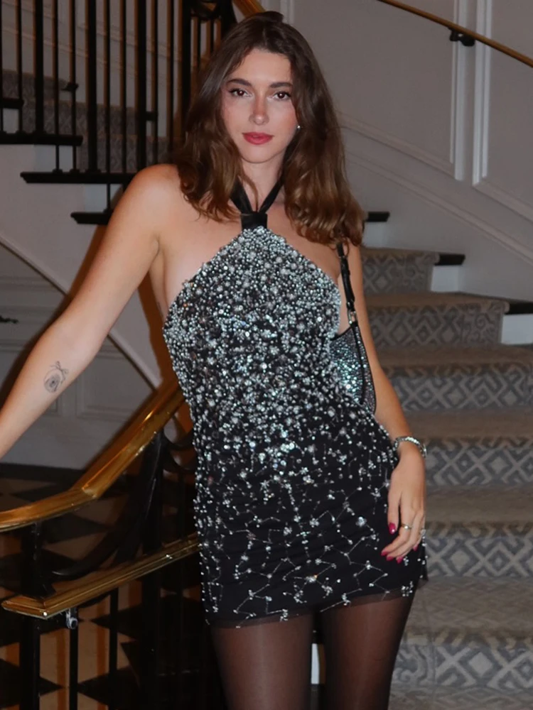 Celebrity Mini Cocktail Black Slimming Halter Short Dress For Women Sleeveless Patchwork Sequins Prom Party Wear