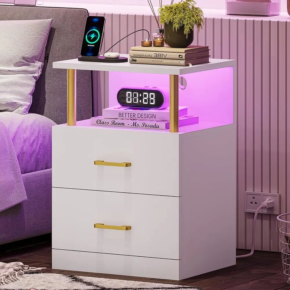 

White LED Nightstand with Charging Station and USB Ports, Dual Drawer Bedside Table, Open Storage End Tables for Bedroom or Offi