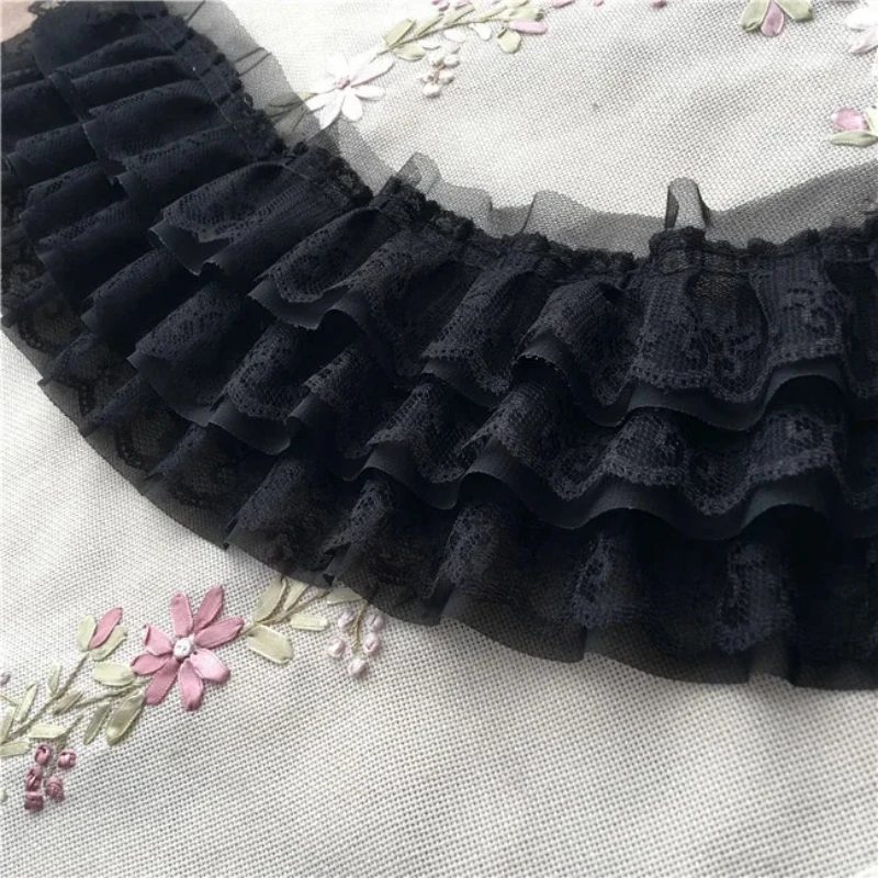 Three-layer Pleated Luxury Embroidery White Black Tulle Lace Fabric Trim Ribbon Sewing Applique Collar Voile Wedding Supplies