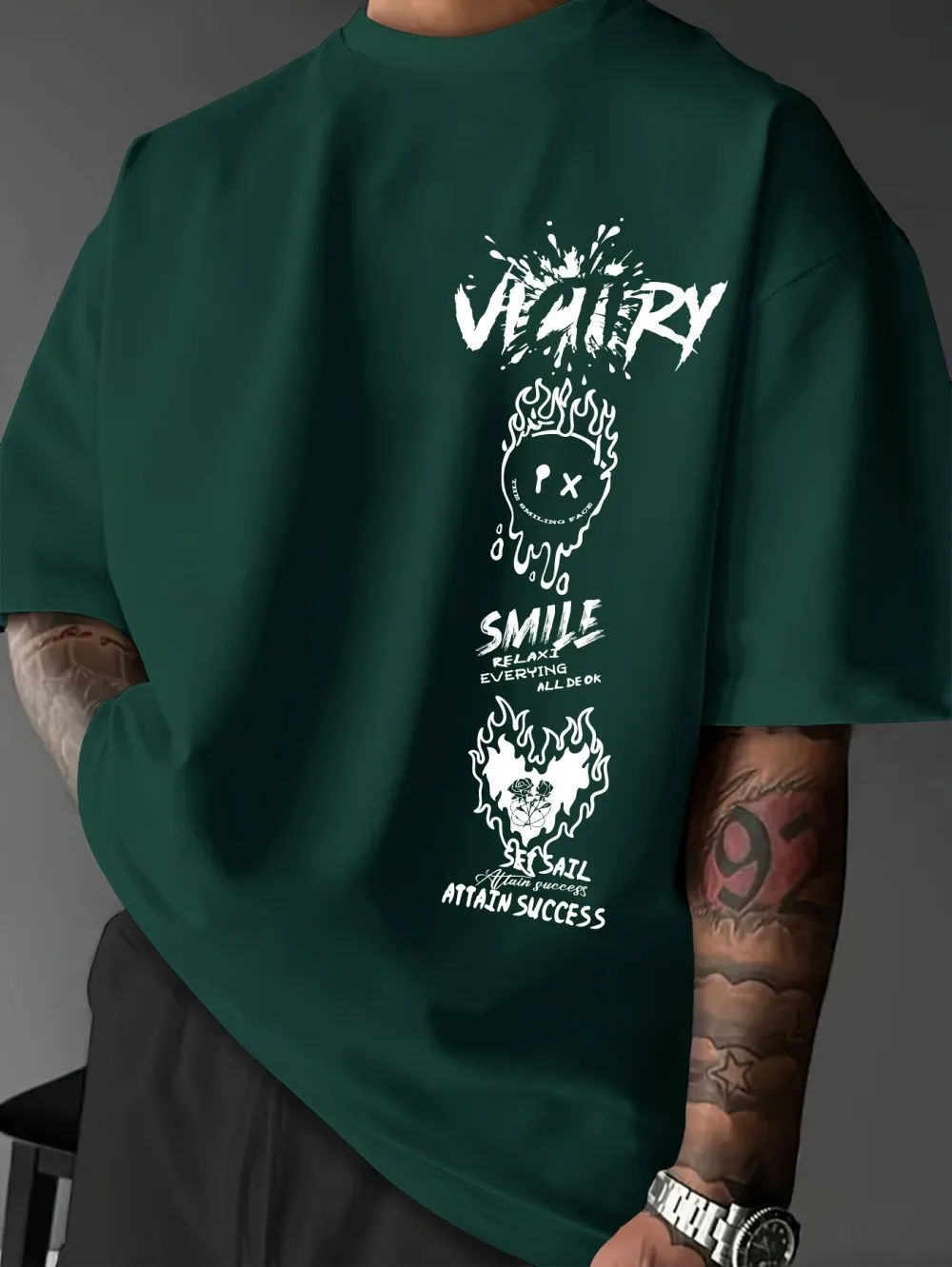 

Summer men's new letter smiley face rose print breathable and comfortable round neck T-shirt outdoor casual top