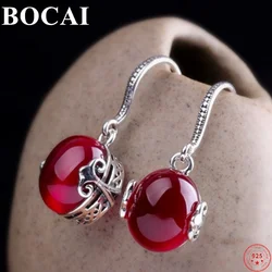 BOCAI S925 Sterling Silver Drop Earrings for Women Classic Red Corundum Green Chalcedony Ear-drop Jewelry Wholesale