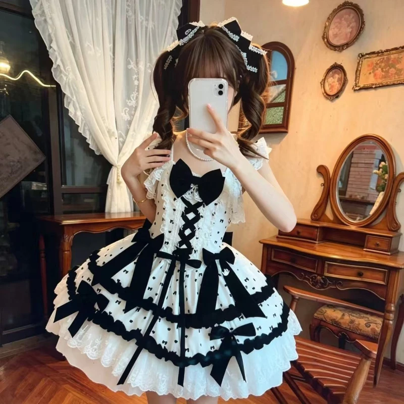Japanese Sweet Lolita JSK Dresses Women Bow Polka Dot Print Lace Slim Ruffle Strap Dress Girls Kawaii Tea Party Princess Dresses