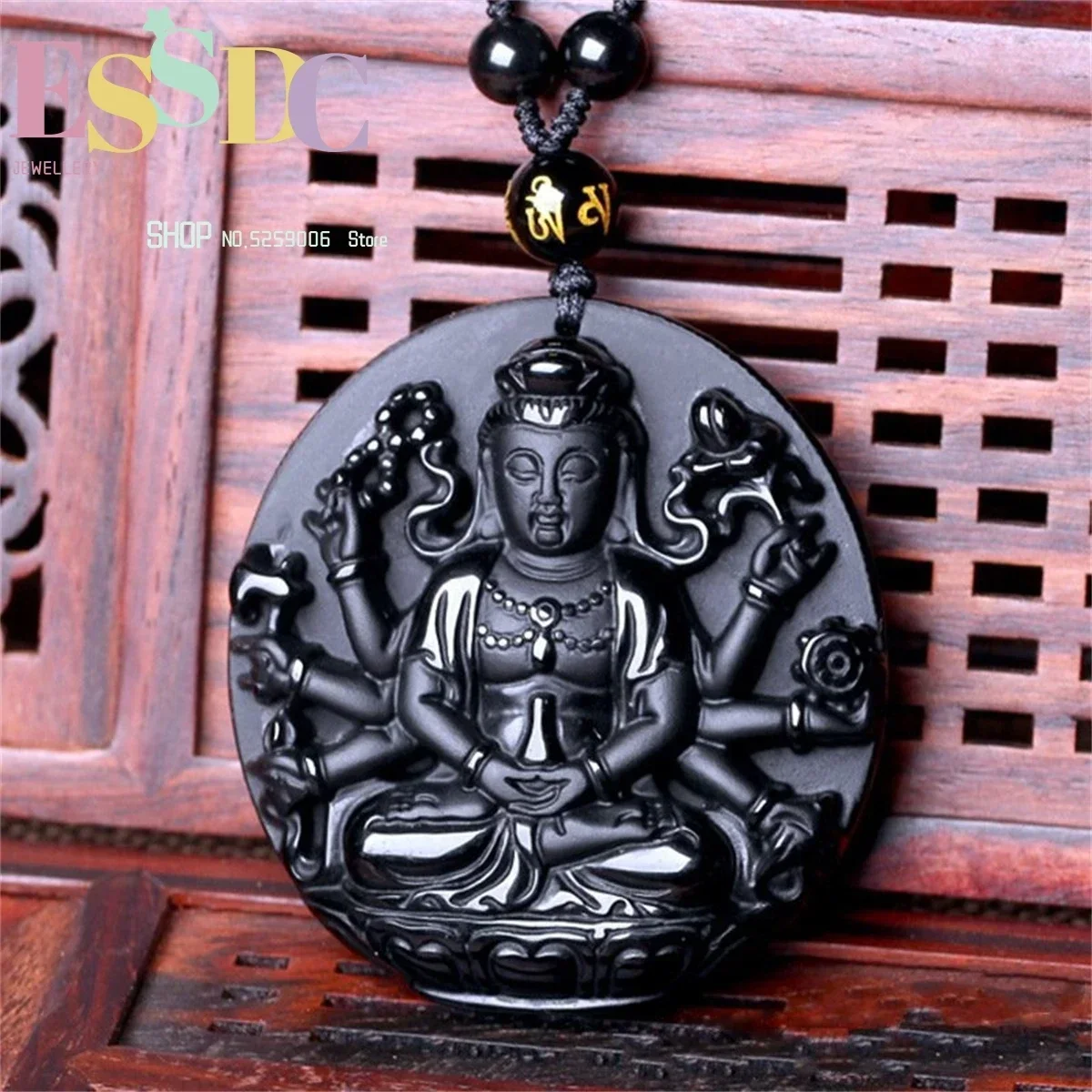 Natural Obsidian Thousand Hand Guanyin Pendant For Men And Women  Lovers Round Sign Buddha  Amulet Jewellery Personality Gift
