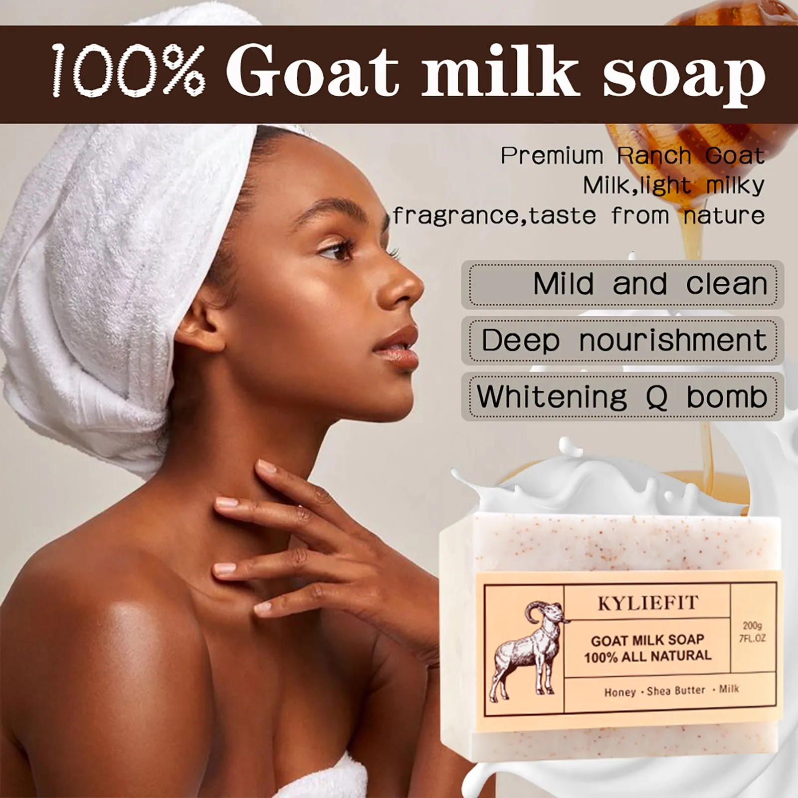 KYLIEFIT Goat Milk Soap Bar, 100% All Natural, Lightening, Cleaning, Moisturizing, With Honey, Shea Butter, Milk, 200g/ 7 oz