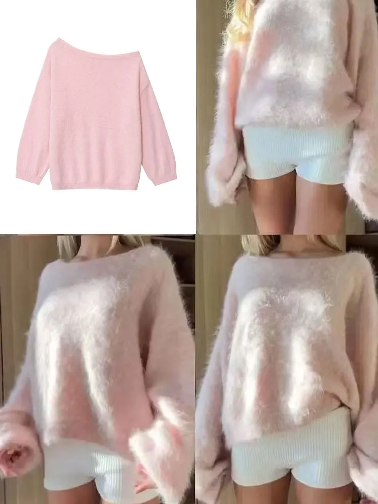 

HH 2022, осенний женский модный мягкий вязаный пуловер с длинными рукавами и открытыми плечами, однотонный асимметричный свободный свитер, уютные топы