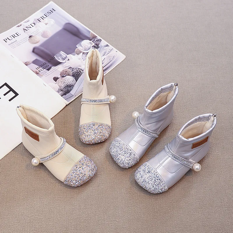 Fashion Girls Shoes 2025 Autumn New Kids Sequined Ankle Boots Comfort Anti Slip Girls' Snow Boots Simple Versatile Child Boot