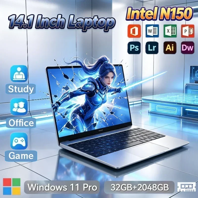 Slim 14.1 Inch Business Notebook PC Intel N150 Processor 32GB RAM 2TB SSD Windows 11 Office Portable Gaming Entertainment