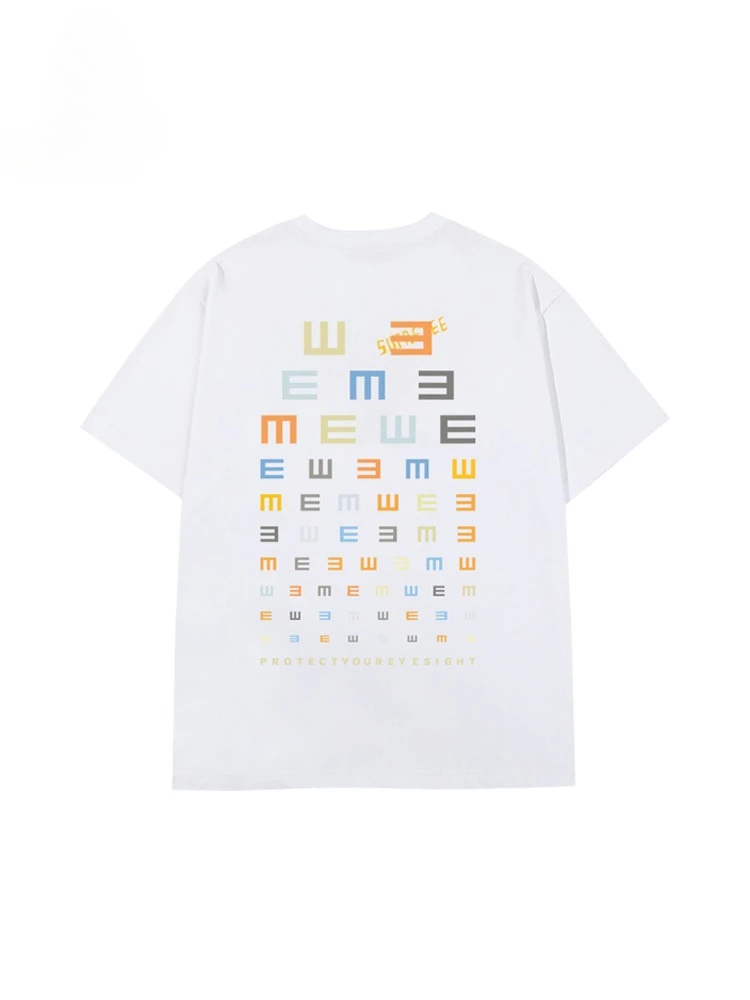 تي شيرت أصلي مطبوع عليه مخطط الرؤية برقبة دائرية وأكمام قصيرة للرجال مقاس كبير تي شيرت فضفاض مصنوع من القطن الخالص للصيف