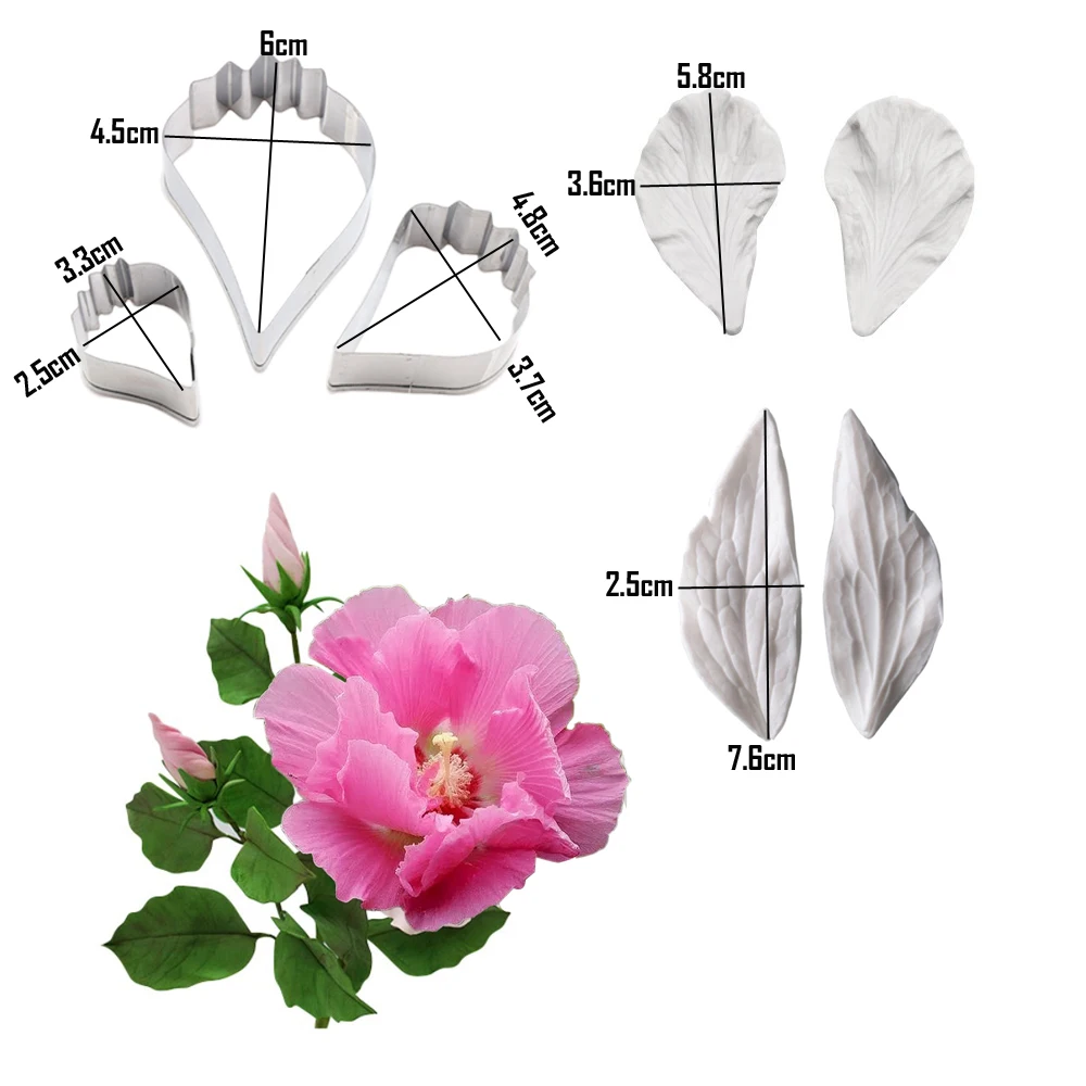 7pcs Hibiscus Petal Leaf Veiner Silicone Mold Stainless Steel Cutter Mold Handmade Fondant Flower Mould Cake Decorating to CS420