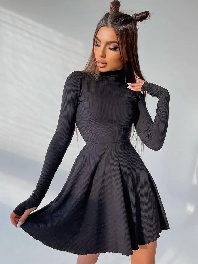 BoozRey Elegant Solid Dress for Women Winter Fall Knitted Bottom Pleated Skirt Casual Streetwear A-line Turtleneck Dress Girl