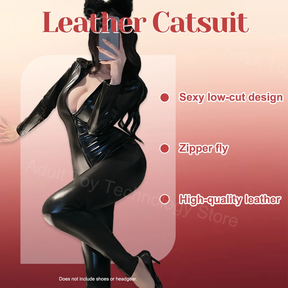 

Women's Hot Metallic Zip Front Mock Neck Catsuit Bodysuit, Latex Jumpsuit, Halloween Adult Costume, Nightclub Dress, Cosplay