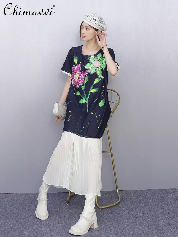 2025 ฤดูร้อนเสื้อผ้าชุดสตรีใหม่แฟชั่นหลวมขนาดใหญ่อุตสาหกรรมหนักลูกปัดเย็บปักถักร้อยElegantความยาวกลางเสื้อยืดชุด