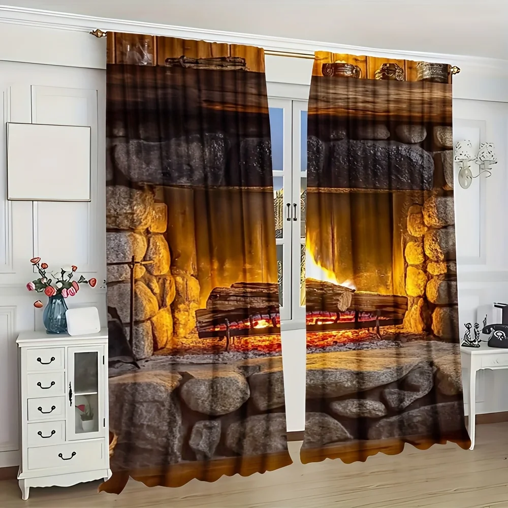 2 Panels Cozy Fireplace Curtains, Realistic Stone Hearth Print, Warm Rustic Scenery Drapes for Living Room Bedroom Decor