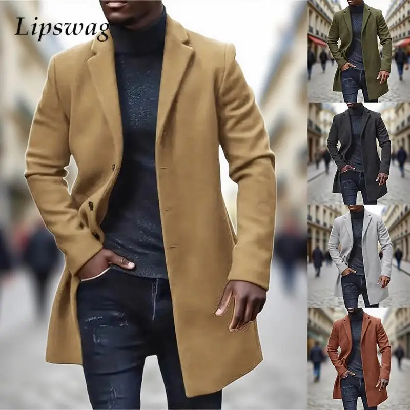 

Fall Winter Woolen Long Jacket Coats Mens Outdoor Casual Solid Color Cardigans Vintage Men's Button-up Turn-down Collar Coat